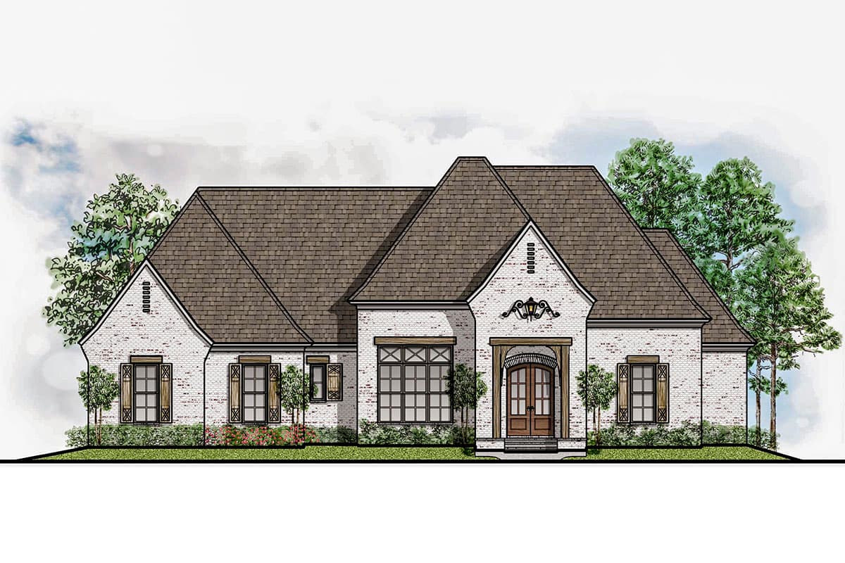 House plan exterior: One-story brick home with arched double doors, multiple gables, and large multi-pane windows with shutters.