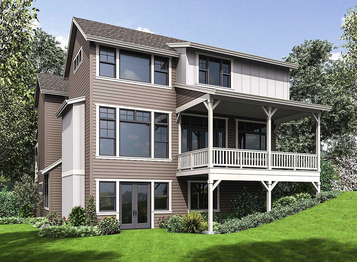 House plan exterior: two-story Modern Farmhouse with large covered porch, multiple gables, and diverse window styles.