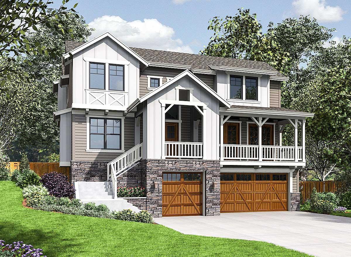 House plan exterior featuring a two-story Craftsman style. Includes a front porch, two-car garage, and multiple gables.