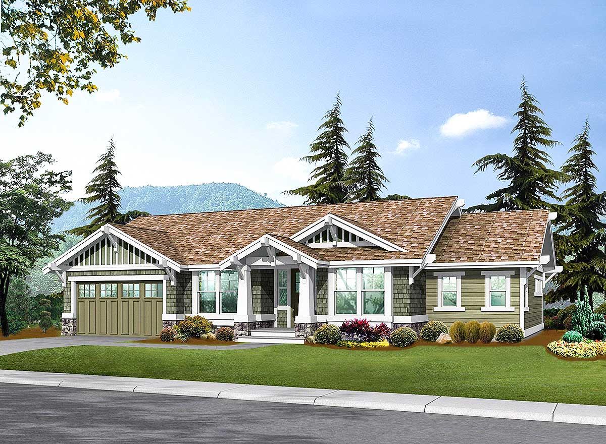 House plan exterior. Craftsman style, single-story home with gables, a covered porch, and a side-entry garage. Features a gabled roofline.