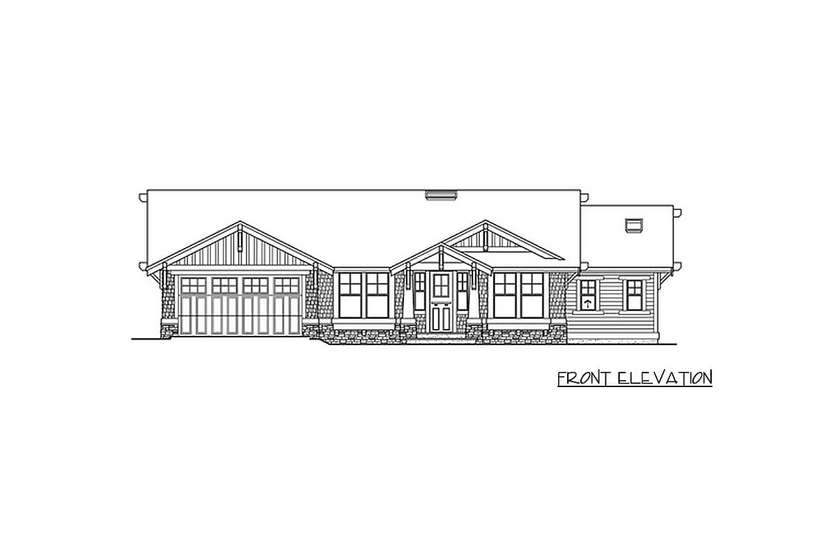 Craftsman style house plan front elevation with attached garage, prominent gables, stone base, and covered entry.