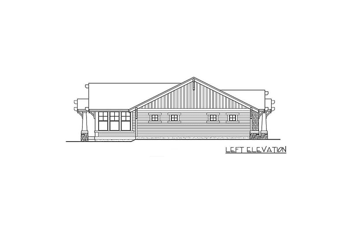 Left elevation floor plan drawing showing a house with a covered porch, multiple windows, and a prominent gable.
