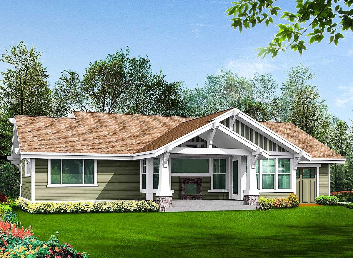 Craftsman house plan exterior, one story, featuring a covered front porch with stone supports, gabled rooflines, and wide eaves.