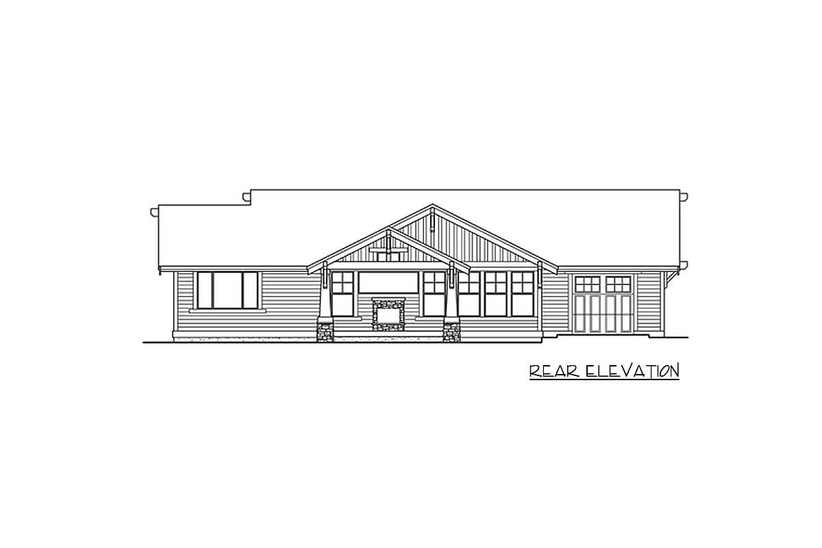 Rear elevation drawing of a one-story house with a gabled front porch, stone-clad columns, and a two-car garage.