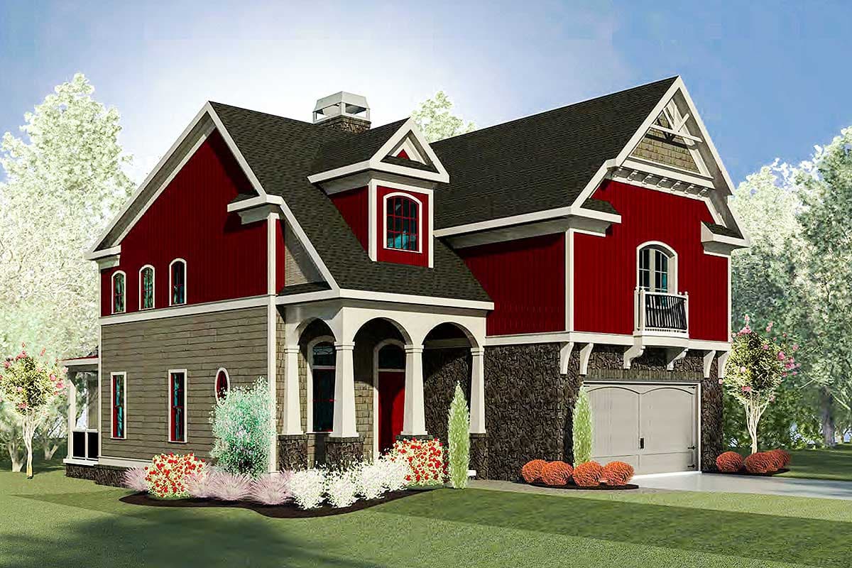 House plan exterior with two stories. Features include a front porch with arches, gabled rooflines, a dormer, and an attached garage.