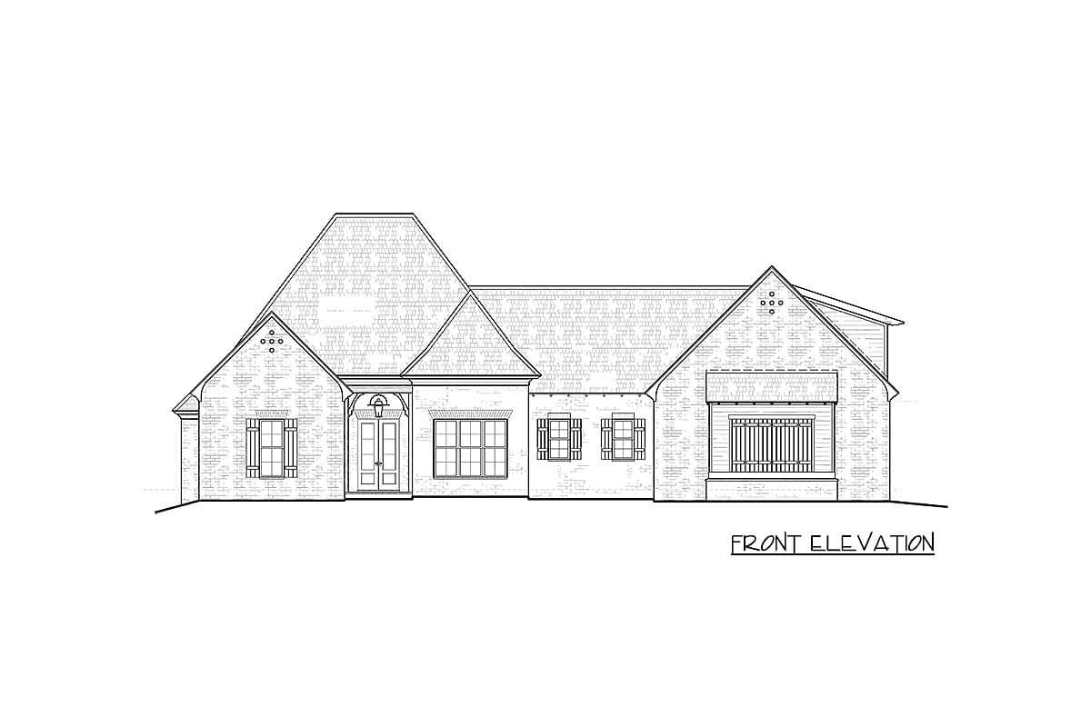 Front elevation drawing of a one-story house plan with a prominent gabled roof, double front doors, and multiple windows with shutters.