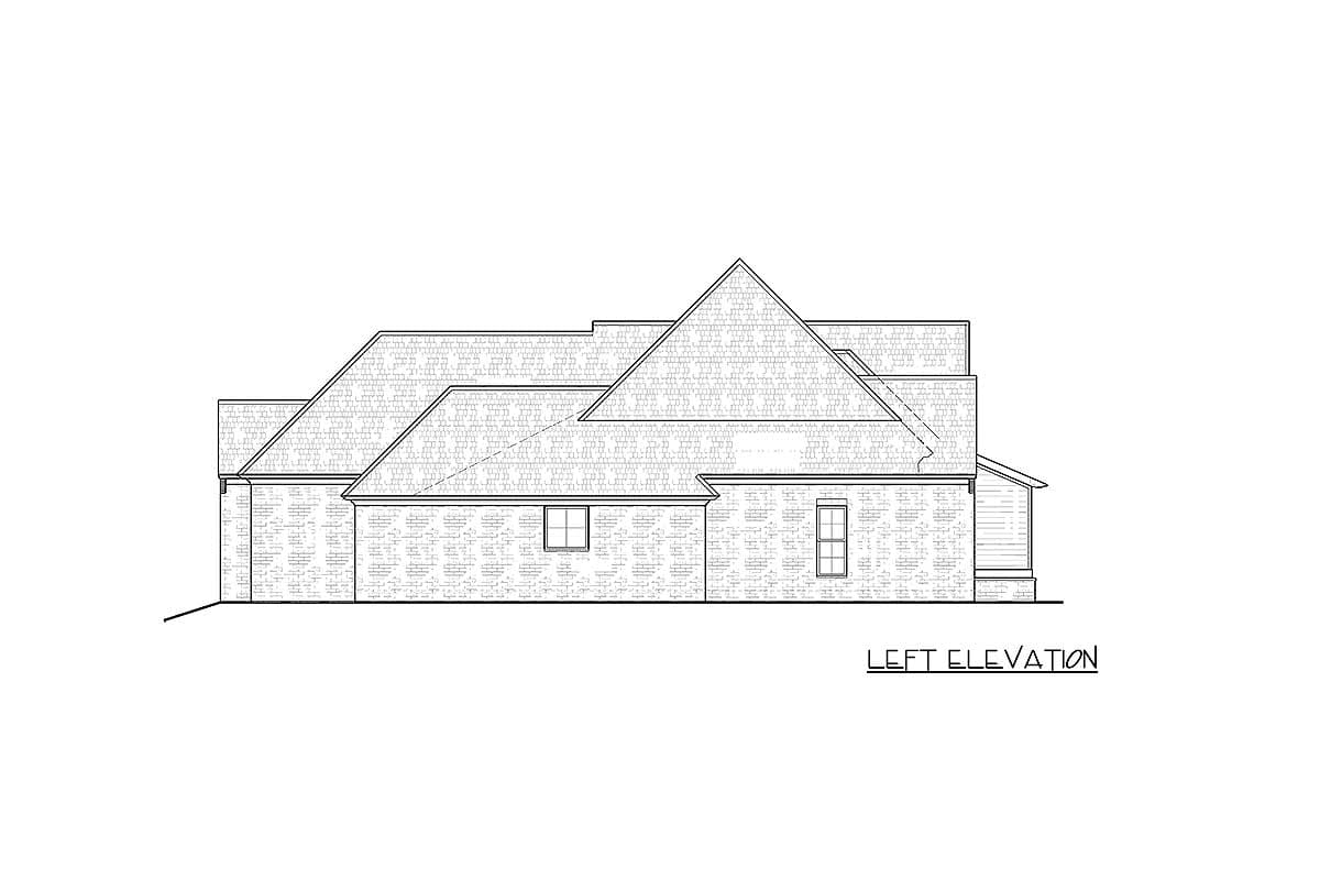 Left elevation drawing of a house plan showing intersecting rooflines, brick texture, and windows.