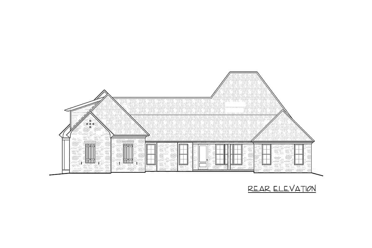 Rear elevation house plan drawing with gabled rooflines, brick exterior, and multiple windows.