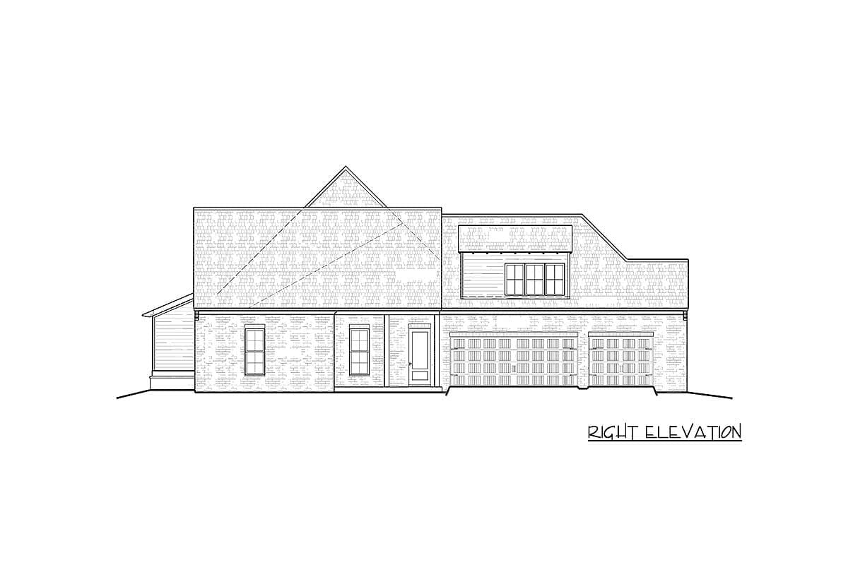 Right elevation of a two-story house plan featuring a prominent gable, dormer, and a three-car garage.