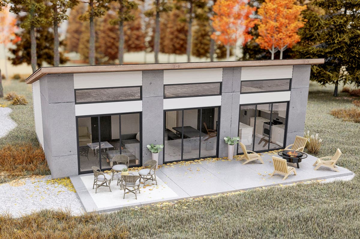 Modern house plan exterior with concrete siding, a flat roof, and floor-to-ceiling windows.