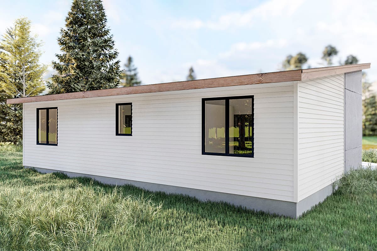Modern ranch house plan exterior with white horizontal siding, a shed roof, and large dark-framed windows.