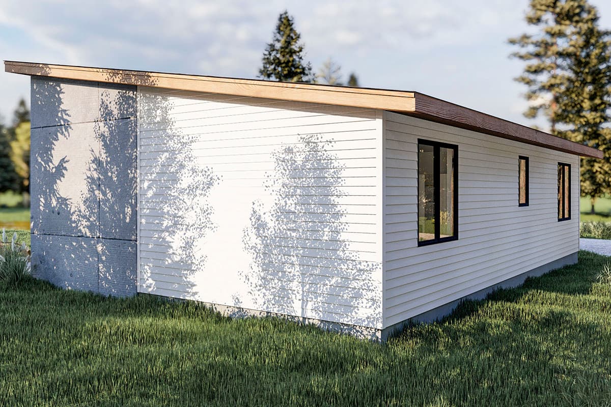 House plan exterior, single-story modern design with shed roof, concrete and horizontal siding, and large windows.