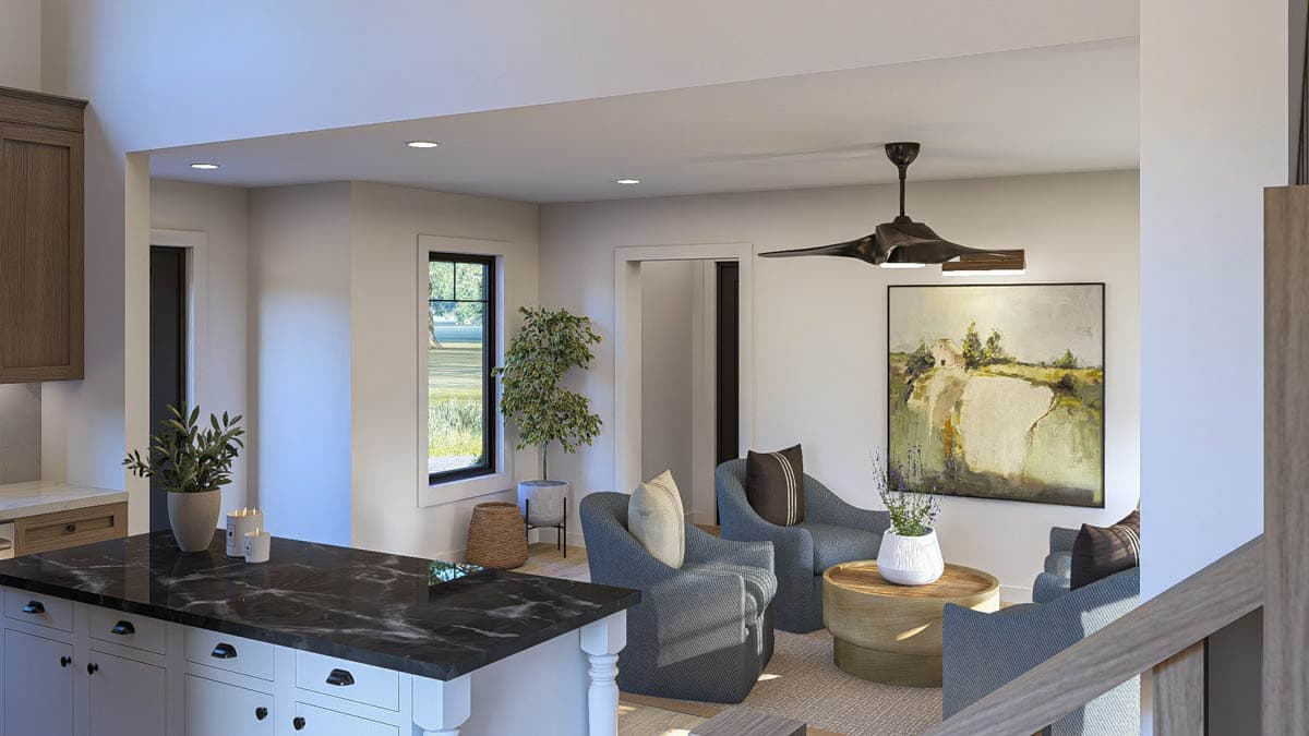 Interior rendering of an open-plan living area with a kitchen island, seating area, and ceiling fan.
