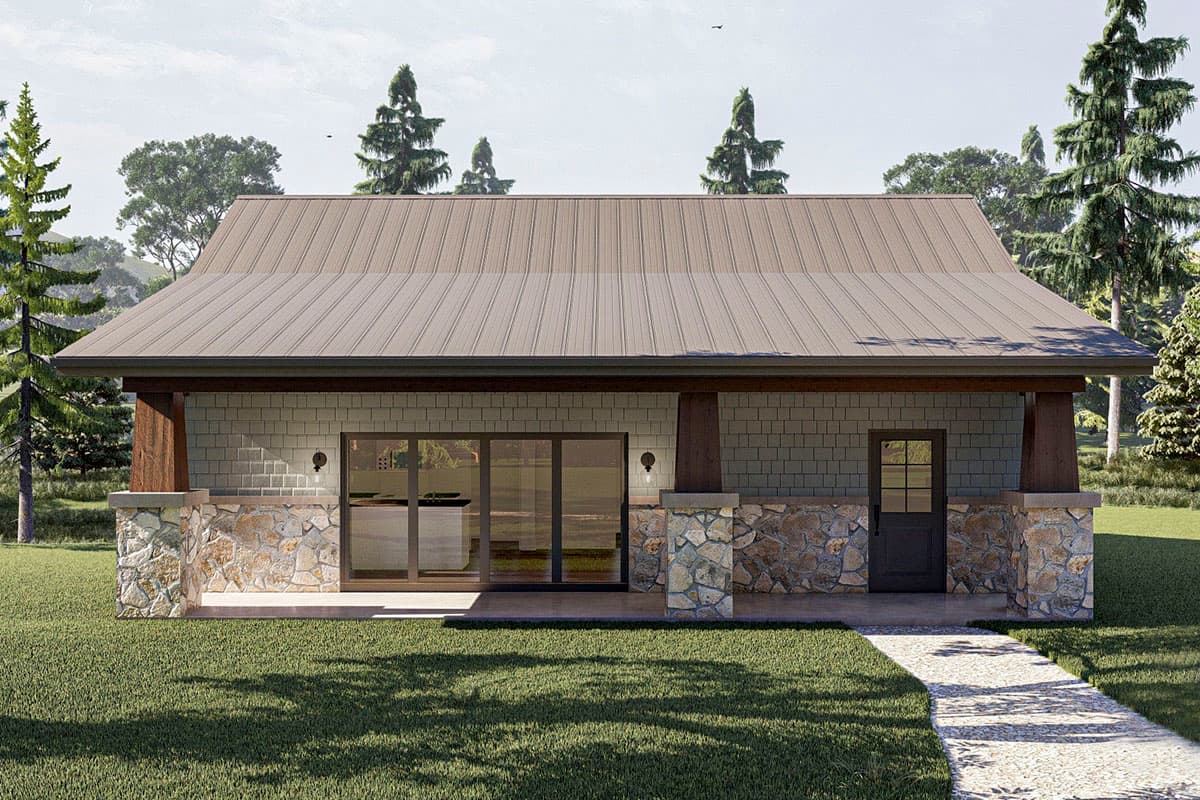 House plan exterior: single-story design with metal roof, stone base, and wood accents.