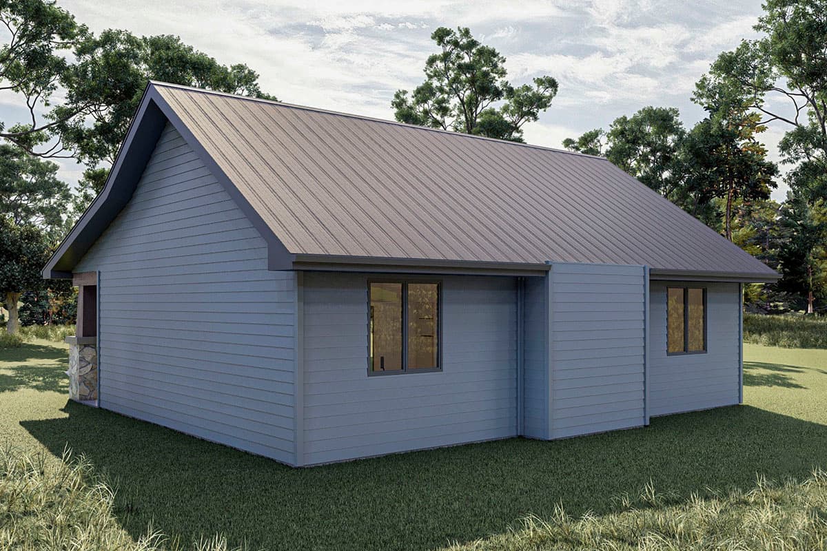 House plan exterior: one-story modern home with horizontal siding, a prominent gable roofline, and stone-clad entrance.