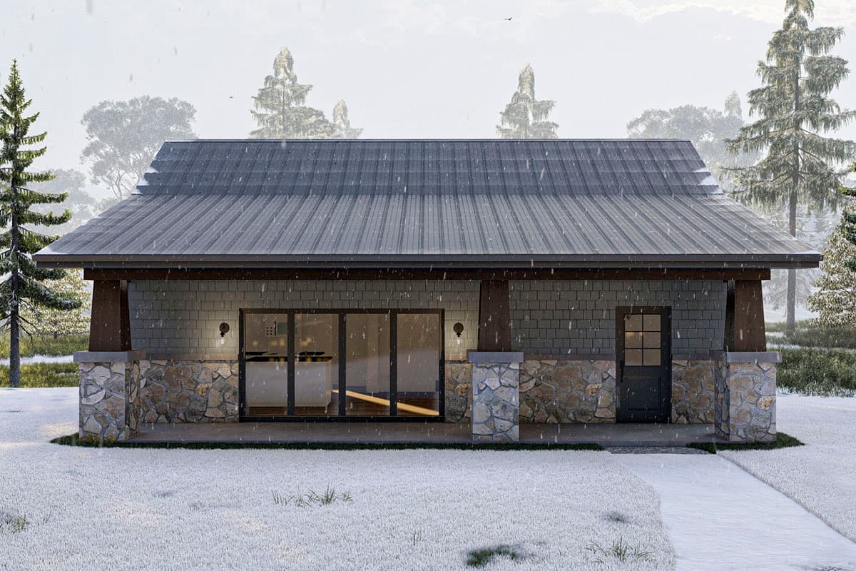House plan exterior: single-story Modern Farmhouse with metal roof, stone foundation, French doors, and a side entrance.