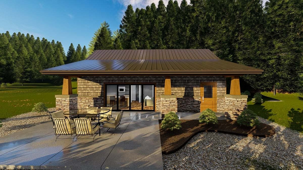 House plan exterior: Single-story home with a metal roof, stone and wood shingle siding, and a covered front porch with stone pillars.