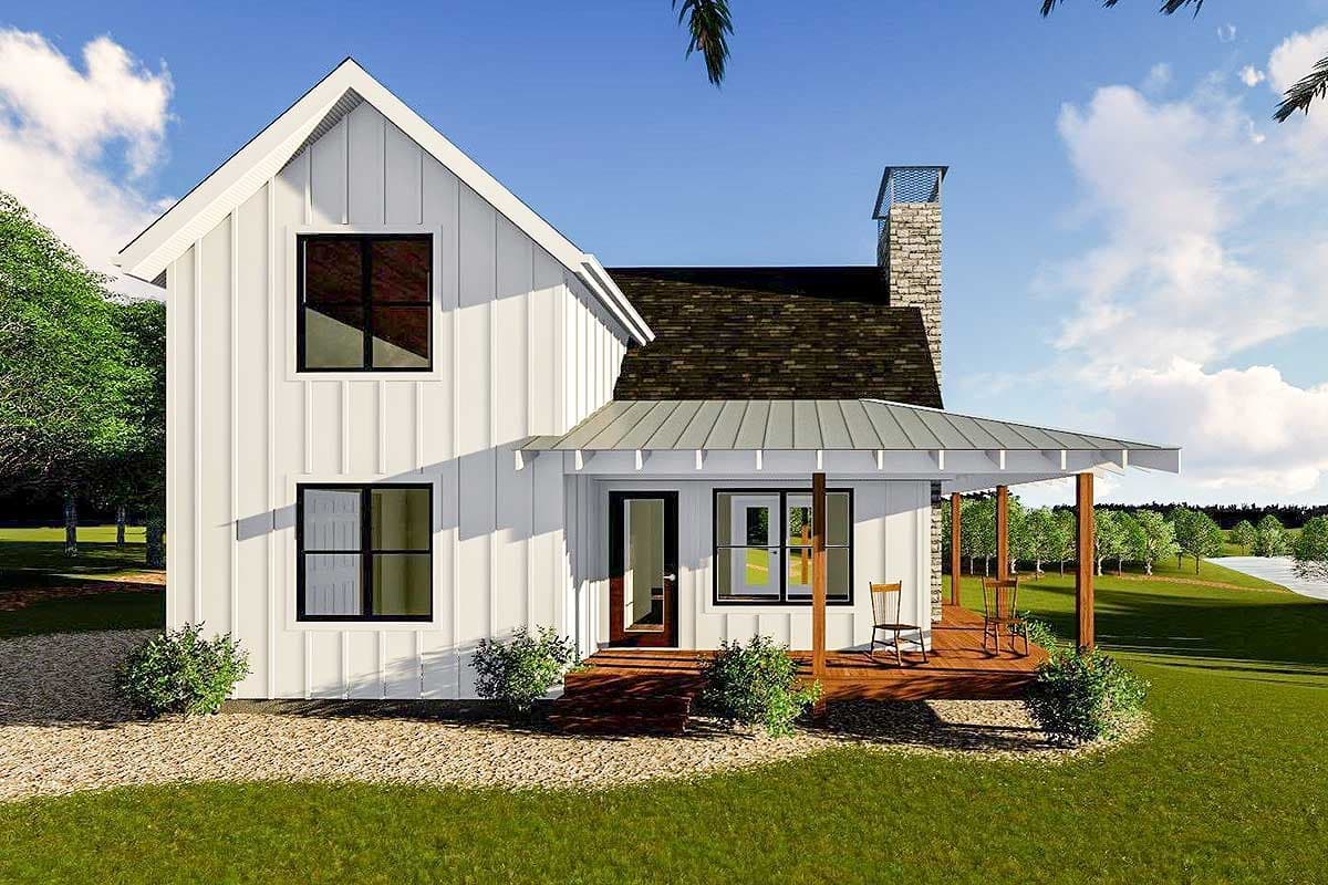 Modern Farmhouse house plan exterior, two stories, white board and batten siding, gabled roof, covered porch, stone chimney.