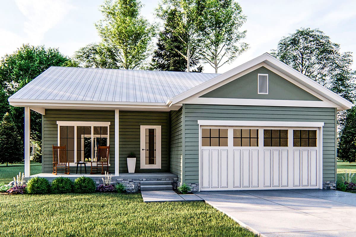 Ranch house plan exterior with a covered front porch, two-car garage, and a gabled front dormer.