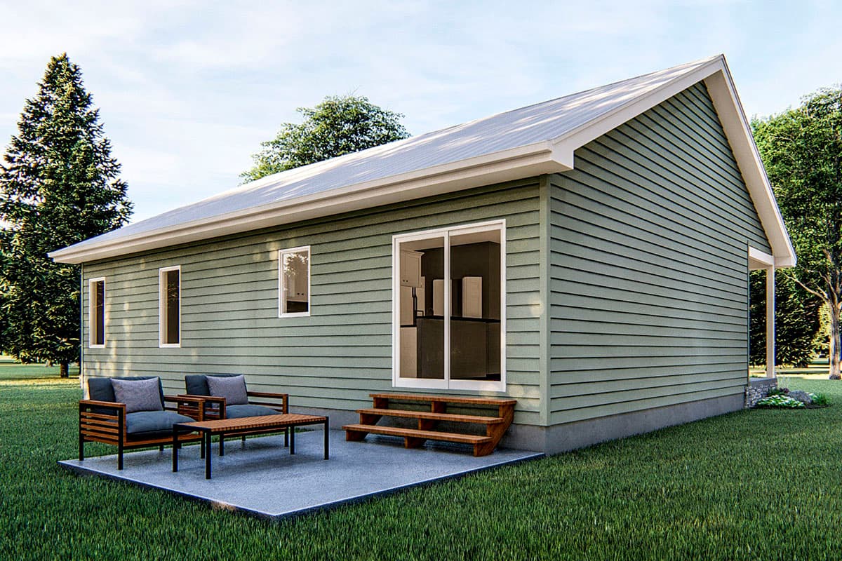 House plan exterior: single-story Modern style with horizontal siding, a metal gable roof, and a patio with steps.