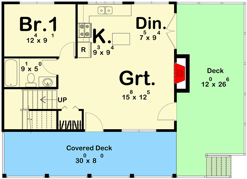 Plan 62691DJ: 2-Bed Getaway Mountain Retreat with Wrap Around Deck - 968 Sq Ft - Floor Plan - Main Level - Cabin, Coastal, Cottage, Mountain, Rustic, Vacation