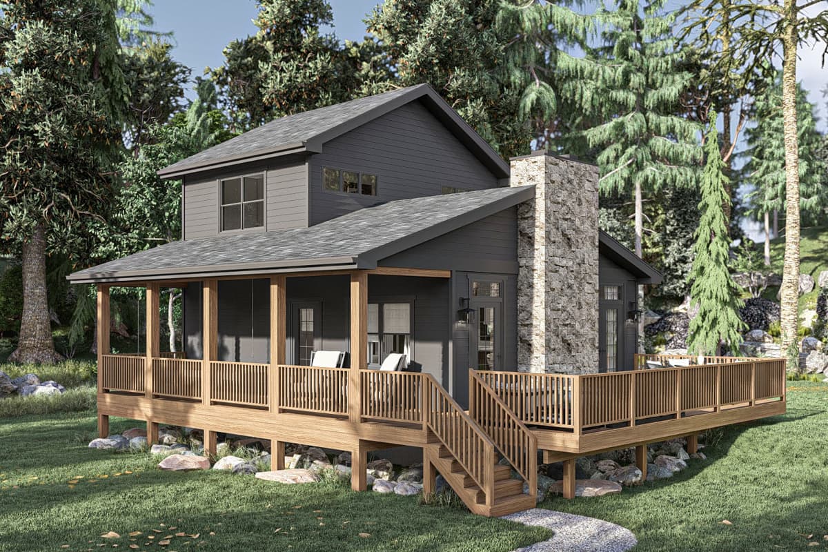 House plan exterior. Two-story home with a wraparound porch, gabled roof, and stone chimney. Wooden deck with access stairs.