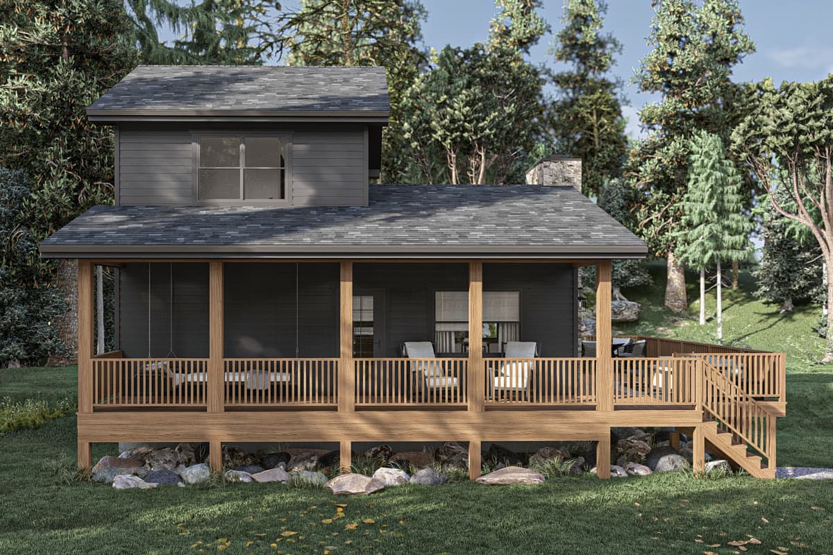 House plan exterior: Two-story modern home with a large wraparound porch, wooden railings, and a stone chimney.