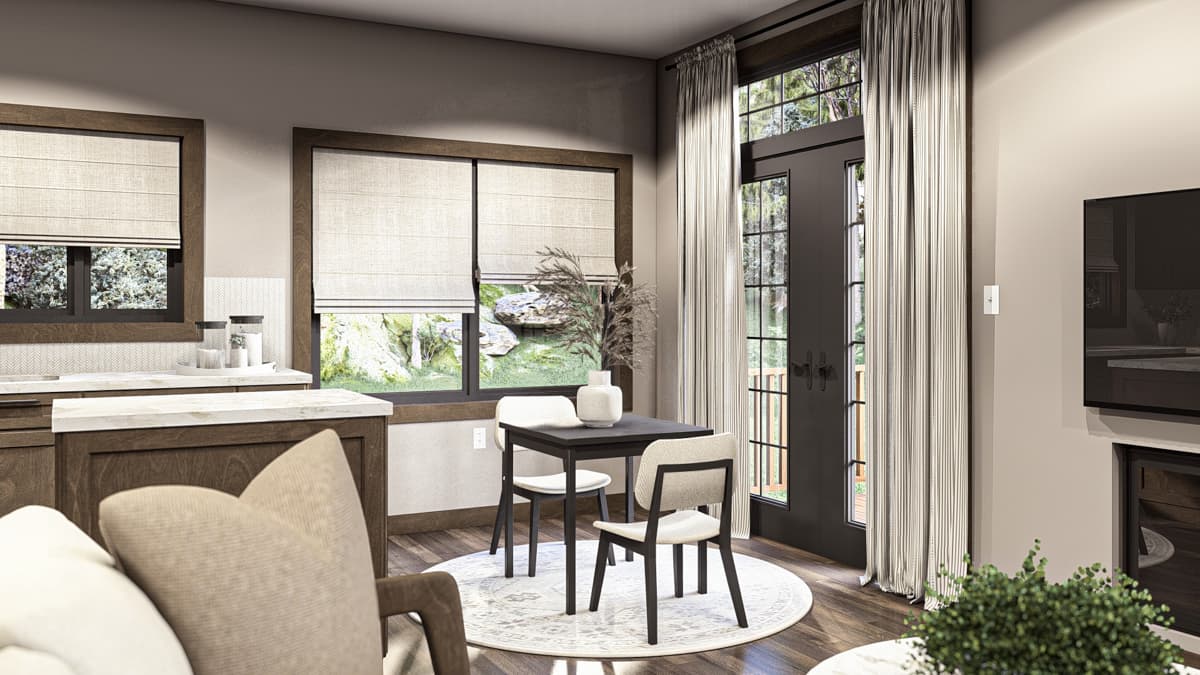 Interior rendering of a dining area with a small table and chairs, and a kitchen counter with cabinets.