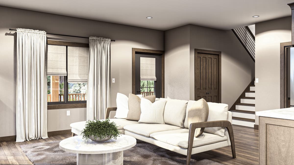 Interior rendering of a living room with sectional sofa, coffee table, windows with blinds and curtains, and a staircase.