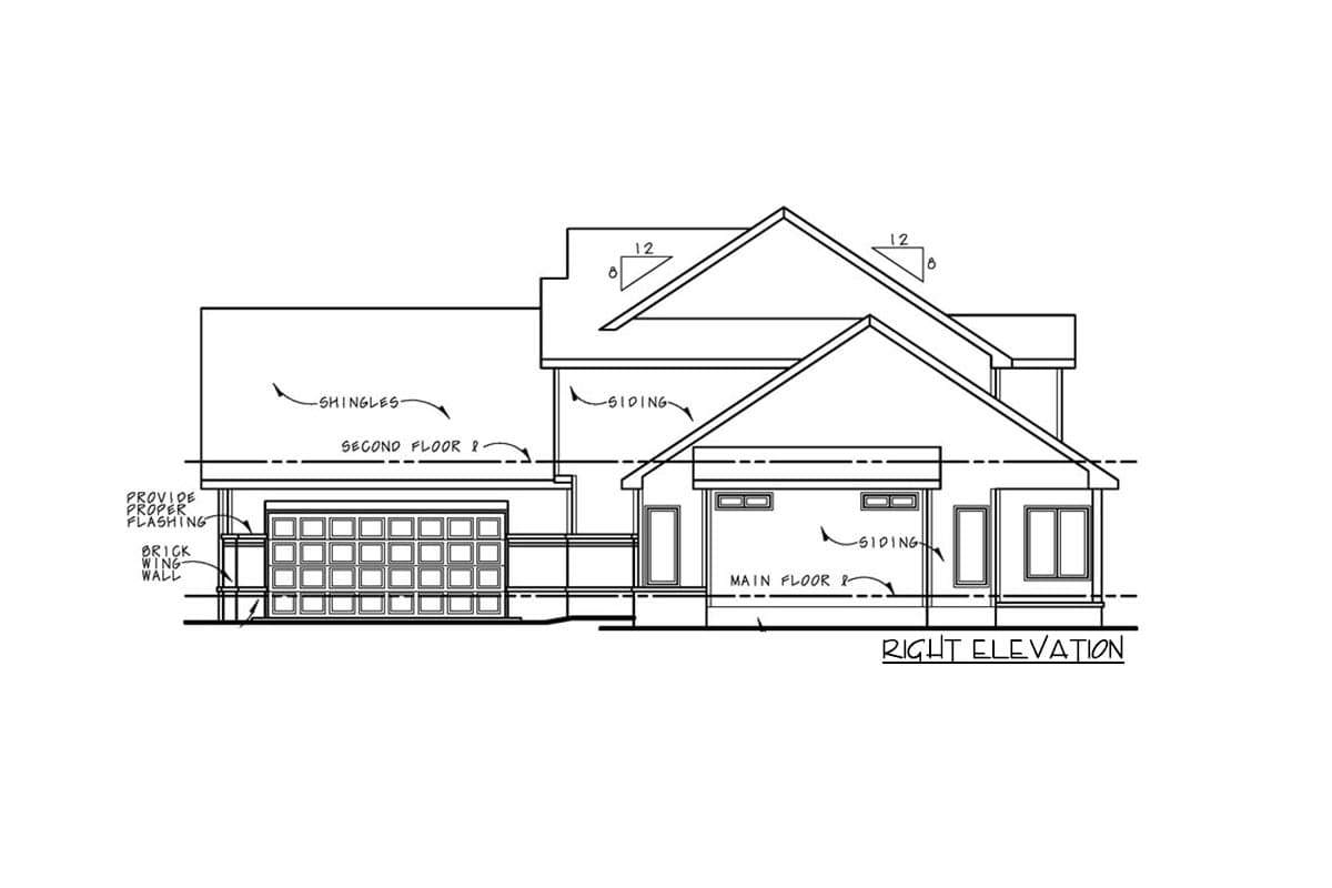 Right elevation house plan showing a garage, siding, shingles, and two stories with varied rooflines.