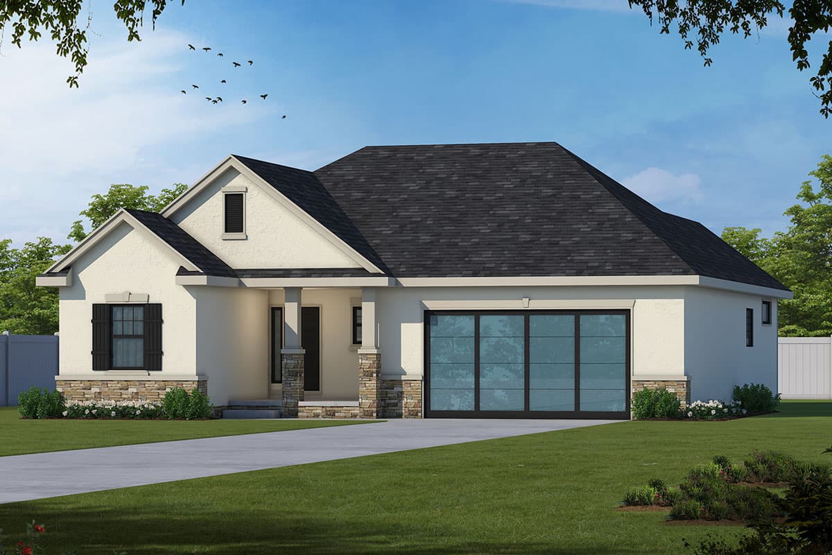 House plan exterior. One-story stucco house with gable roof and dormer. Features include porch with columns and glass garage door.
