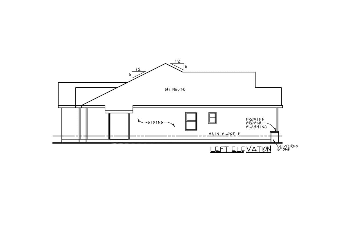 Left elevation drawing of a house plan with shingles, siding, and cultured stone accents on the foundation.
