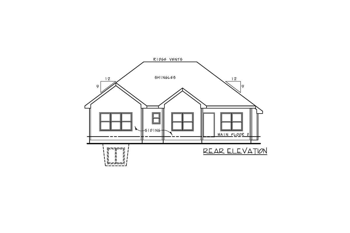 Rear elevation drawing of a house plan with siding, multiple windows, and a prominent roofline with ridge vents and shingles.