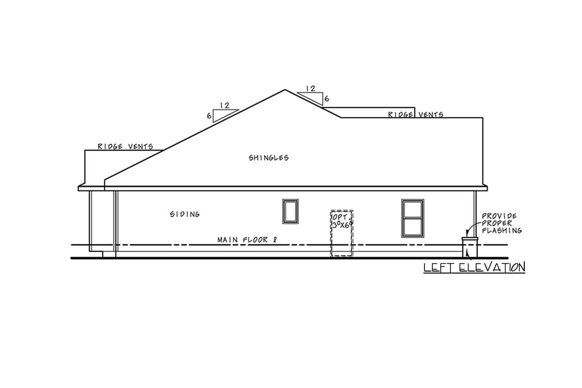 Left elevation drawing of a house plan with siding, shingles, ridge vents, and a porch.