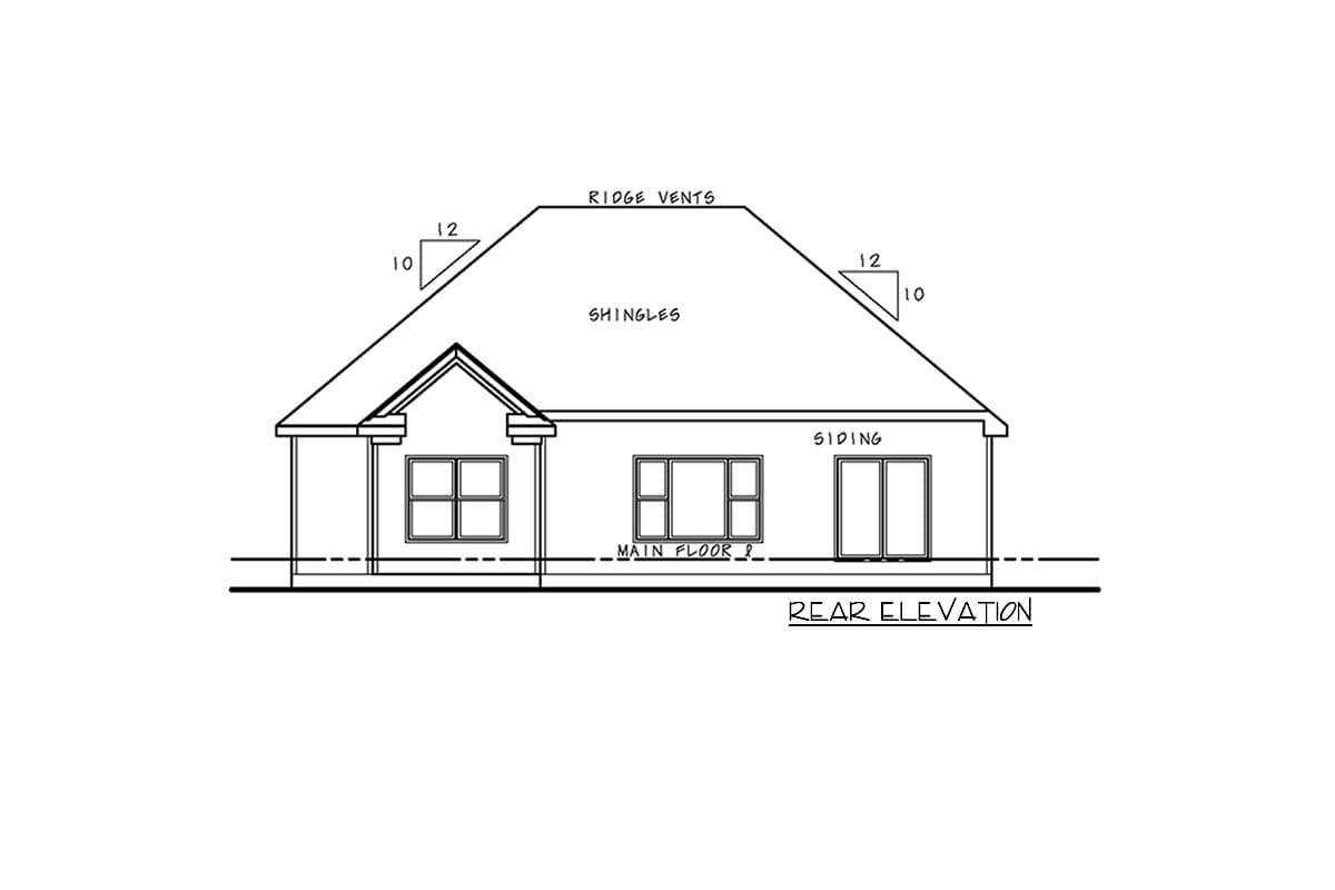 Rear elevation drawing of a house plan with siding, shingles, ridge vents, and multiple windows.