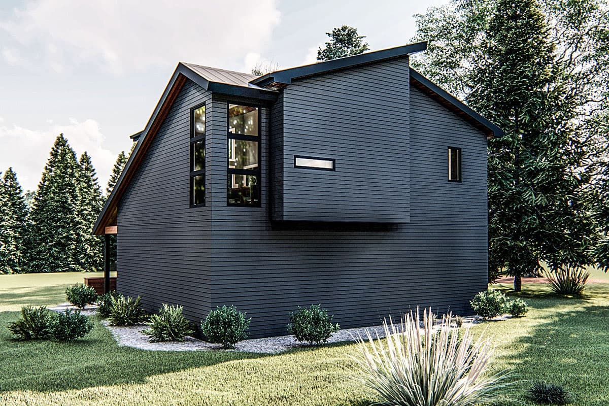 Modern house plan exterior with dark siding, asymmetric rooflines, and prominent corner windows.