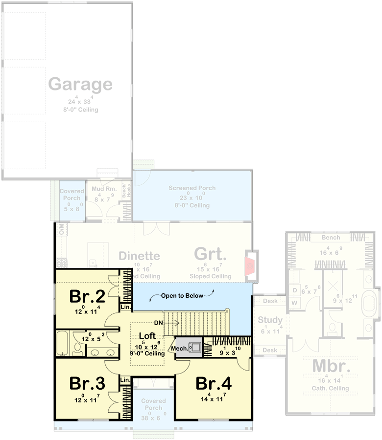 Plan 62696DJ: Two-Story Modern Farmhouse with Main Level Master and Three Beds Upstairs - 2793 Sq Ft  - Floor Plan - 2nd Floor - Country, Farmhouse
