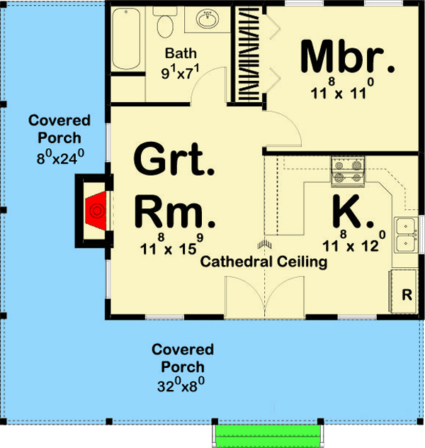 Plan 62697DJ: Cozy Vacation Retreat - 576 Sq Ft - Floor Plan - Main Level - Cabin, Cottage, Mountain, Rustic, Vacation