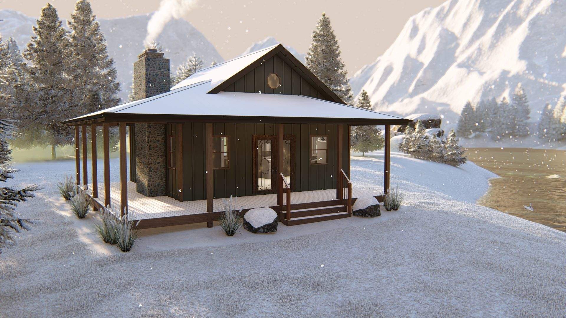 Cottage house plan exterior with wrap-around porch, stone chimney, and gabled roof in a snowy mountain landscape.