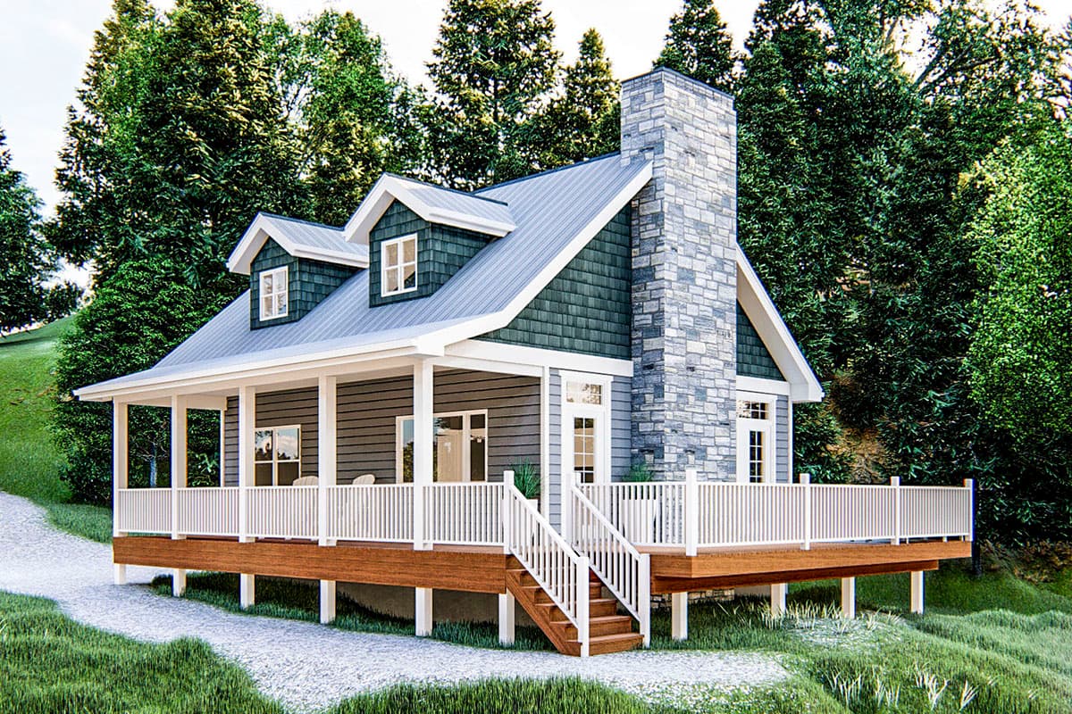 House plan exterior. Cottage style with front porch, stone chimney, and two dormers. Features a raised foundation and a metal roof.