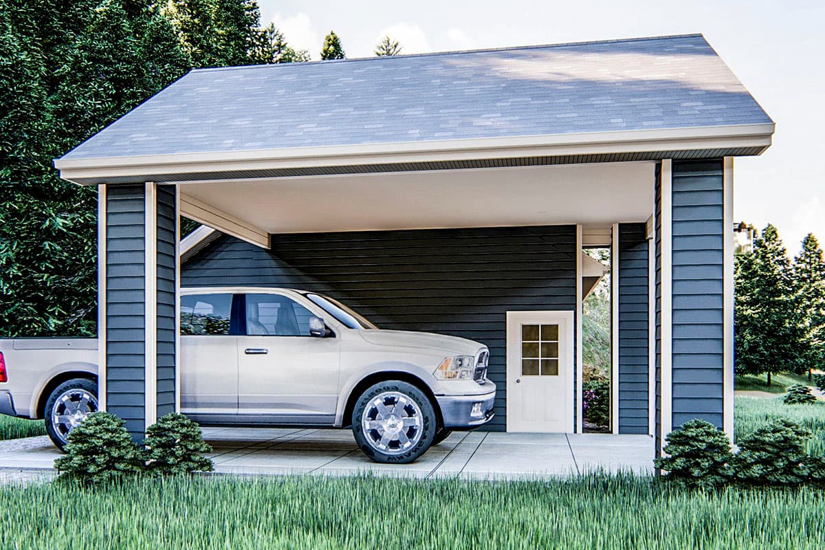 House plan exterior: attached carport with one vehicle, dark horizontal siding, and white trim.