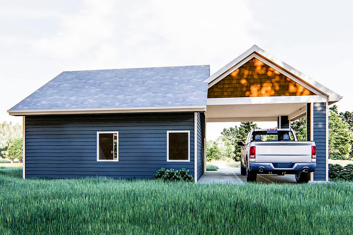 House plan exterior showing a single-story structure with blue horizontal siding, two windows, and an attached carport with cedar shakes.