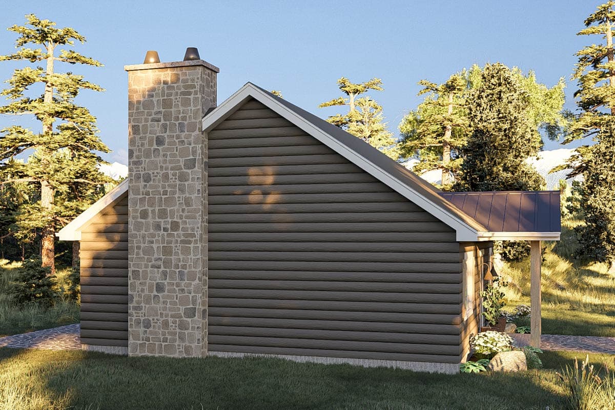 House plan exterior: Gable roof, horizontal siding, and stone chimney with lights. Small covered porch visible.