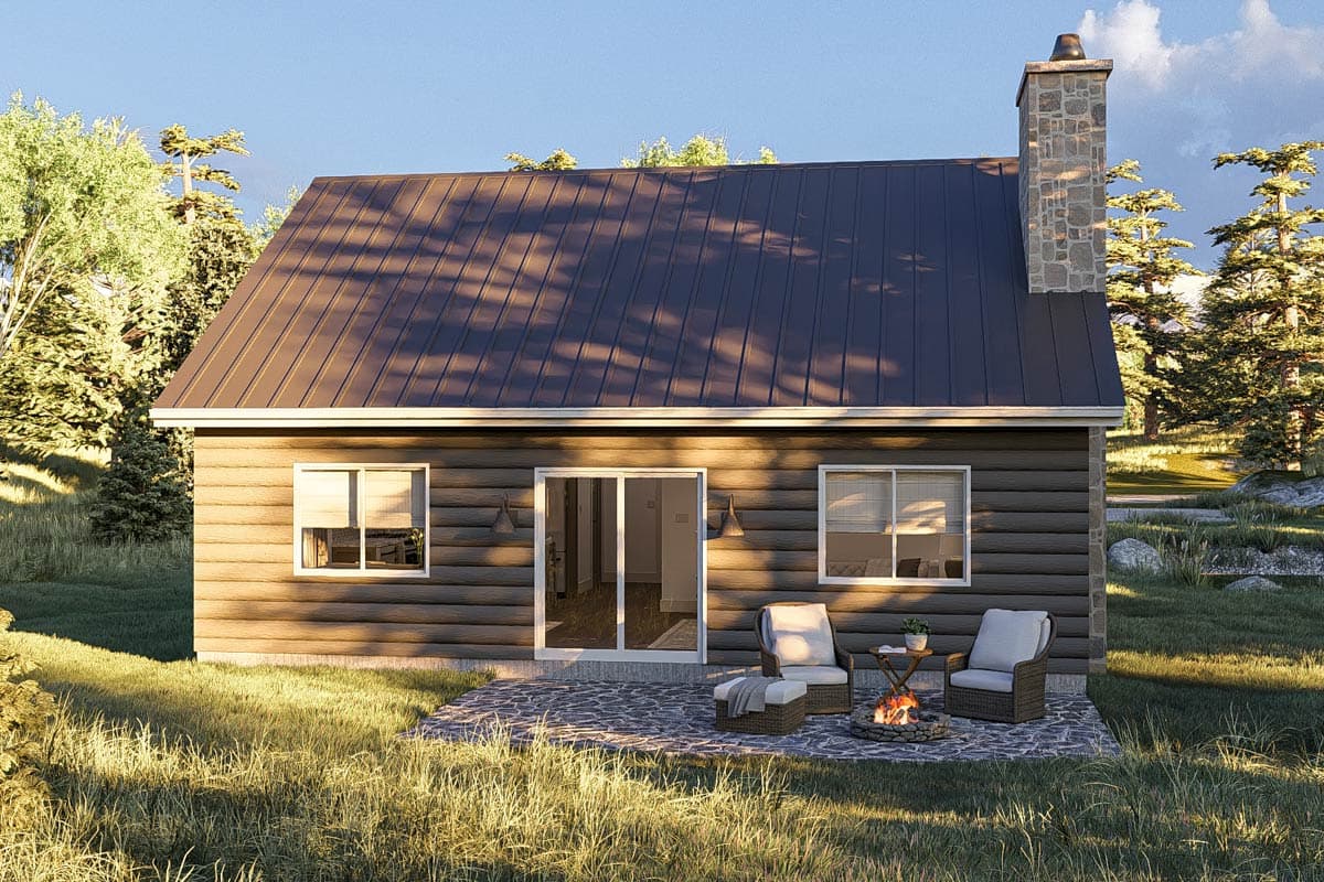 House plan exterior: One-story log-style home with a dark metal gable roof, stone chimney, and sliding glass doors.