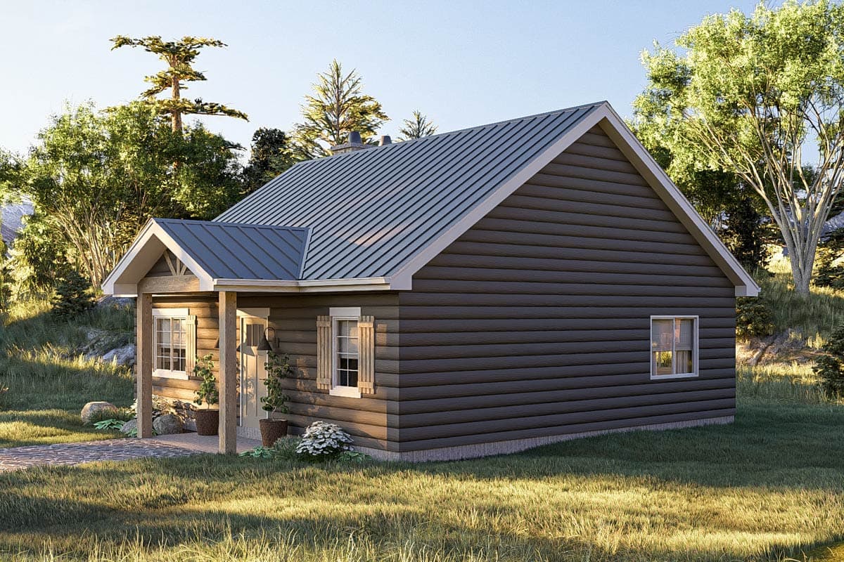 House plan exterior: One-story cottage with gable roof, front porch with timber posts, and horizontal siding.