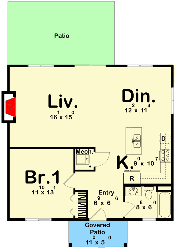 Plan 62700DJ: 1-Bed Cozy Cabin Under 1000 Sq Ft - Floor Plan - Main Level - Cabin, Cottage, Mountain, Vacation