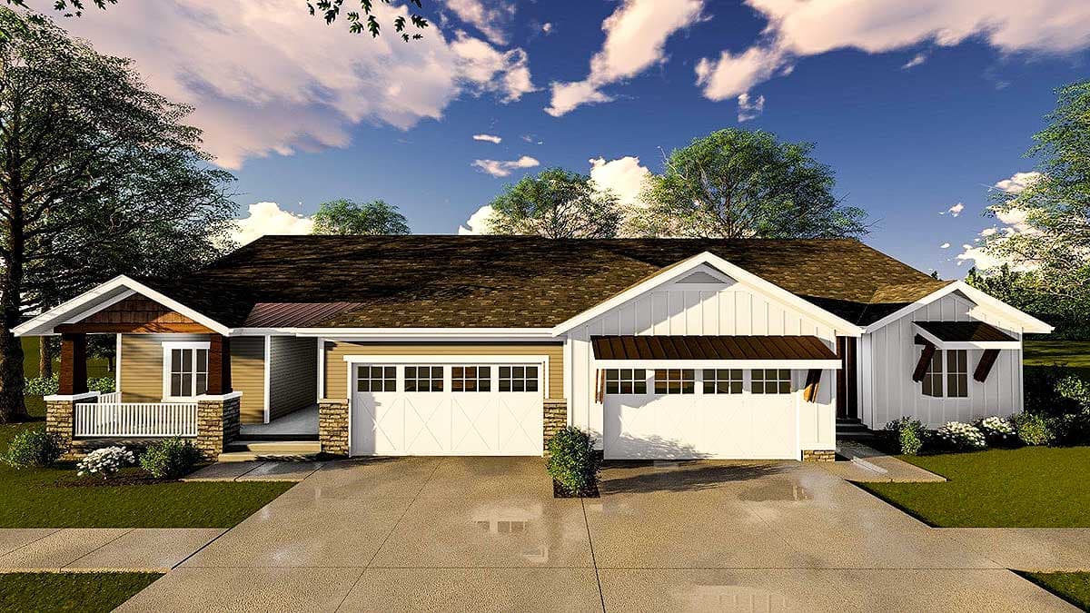 House plan exterior: Single-story Modern Farmhouse with a covered entry porch, gable roofs, and a triple-car garage.