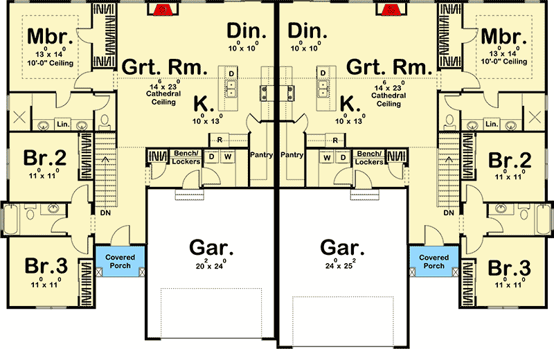 Plan 62701DJ: Farmhouse Duplex - Floor Plan - Main Level