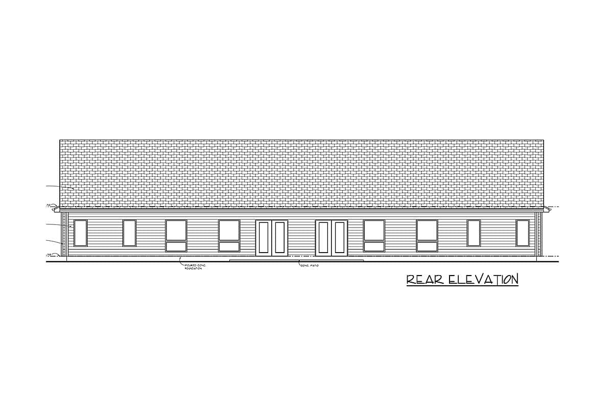 Rear elevation drawing of a single-story house plan with a gabled roof, multiple windows, and double doors leading to a concrete patio.