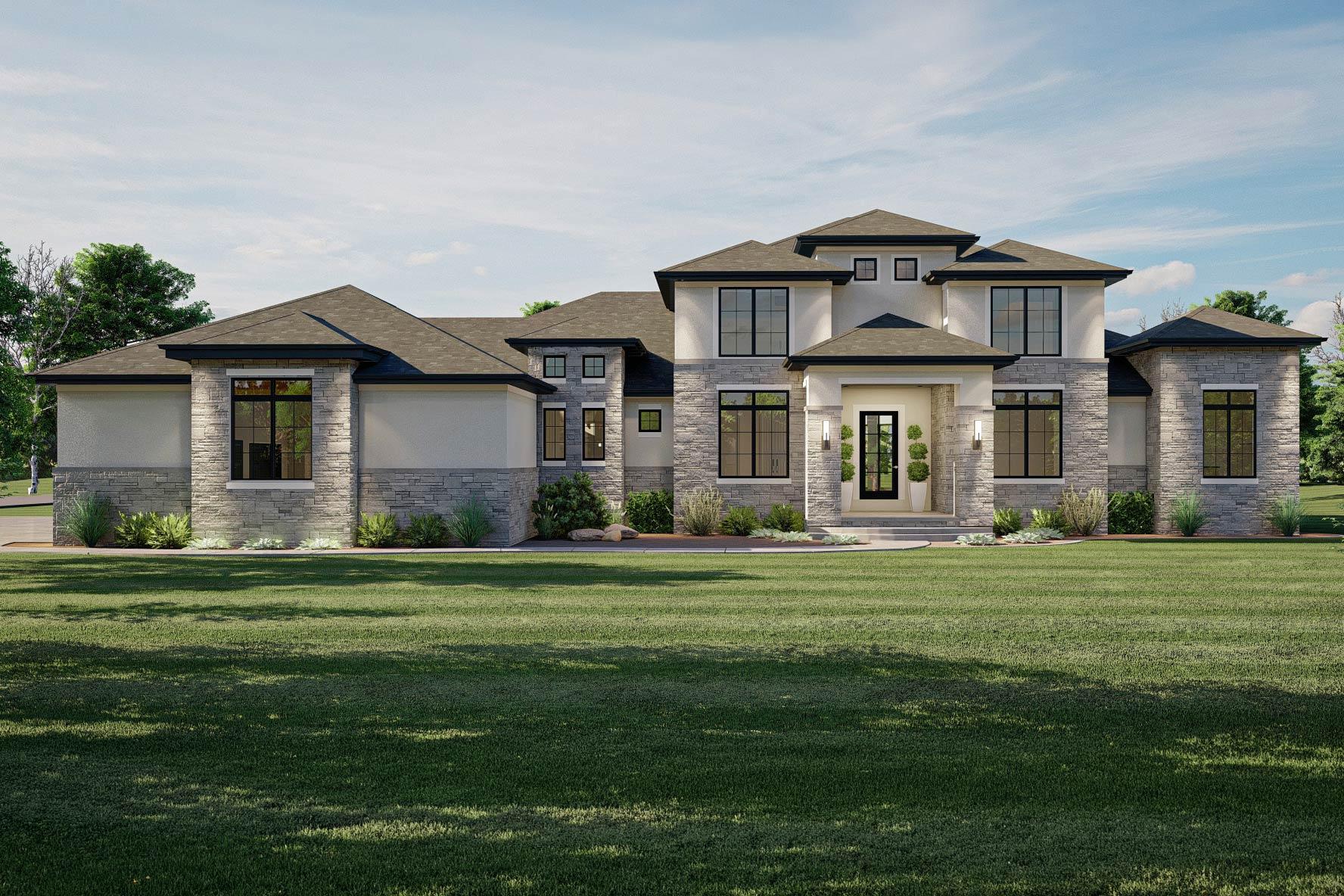 House plan exterior with two stories. Features include a stone veneer facade, gabled rooflines, and a covered entry porch.